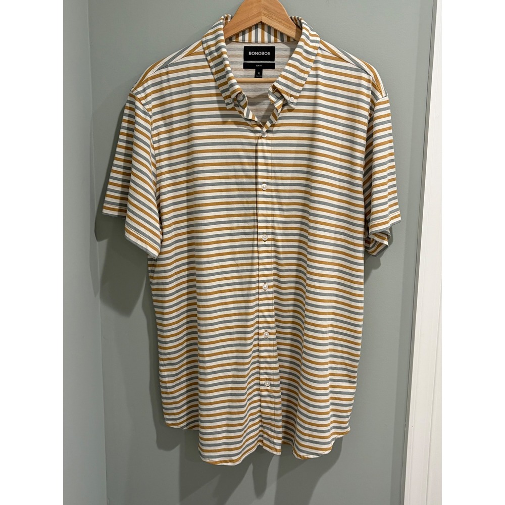 Bonobos Slim Fit Short Sleeve Button Down Shirt Mens XL Striped Gold Grey White